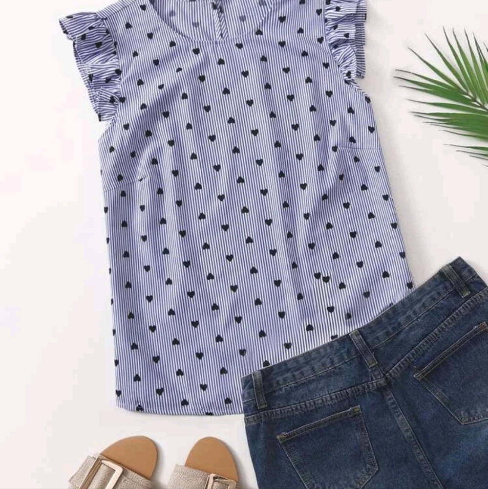 Shein Striped and Heart Print Ruffle Trim Blouse